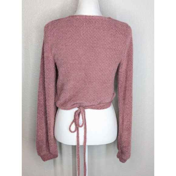 NWT Hollister Pink Chanelle Tie Cropped Sweater Sz L Soft Textured Knit Wrap Top - Picture 4 of 11